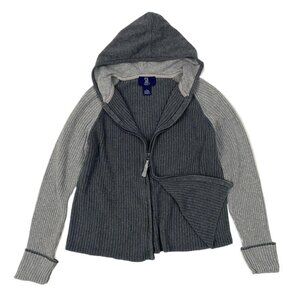 vintage 2 tone gray double zip ribbed knit hooded sweater